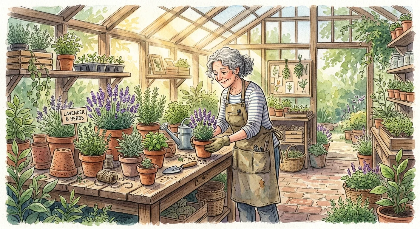 Watercolor illustration of a senior woman in an apron arranging plants inside a sunlit greenhouse boutique.
