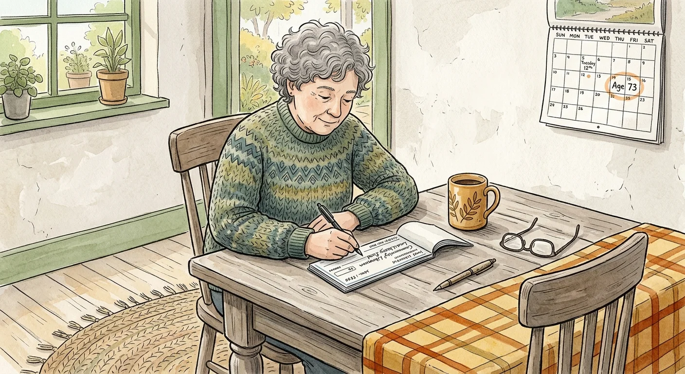 Watercolor illustration of a senior writing a donation check at a kitchen table, with a calendar showing 'Age 73'.