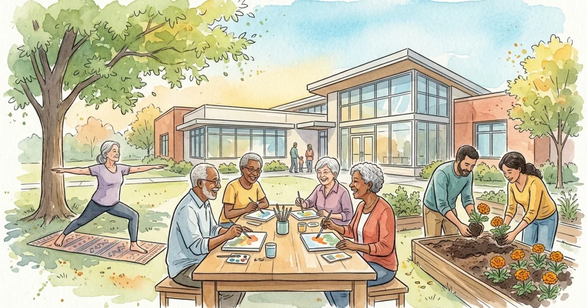 Watercolor illustration of active seniors participating in yoga, art classes, and gardening outside a modern community center.