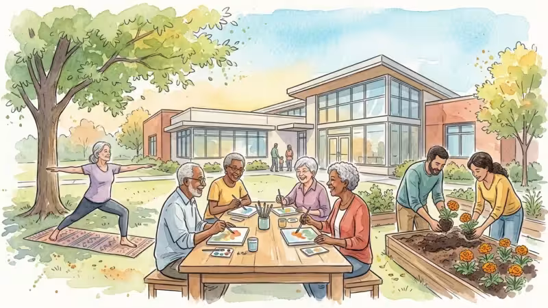 Watercolor illustration of active seniors participating in yoga, art classes, and gardening outside a modern community center.