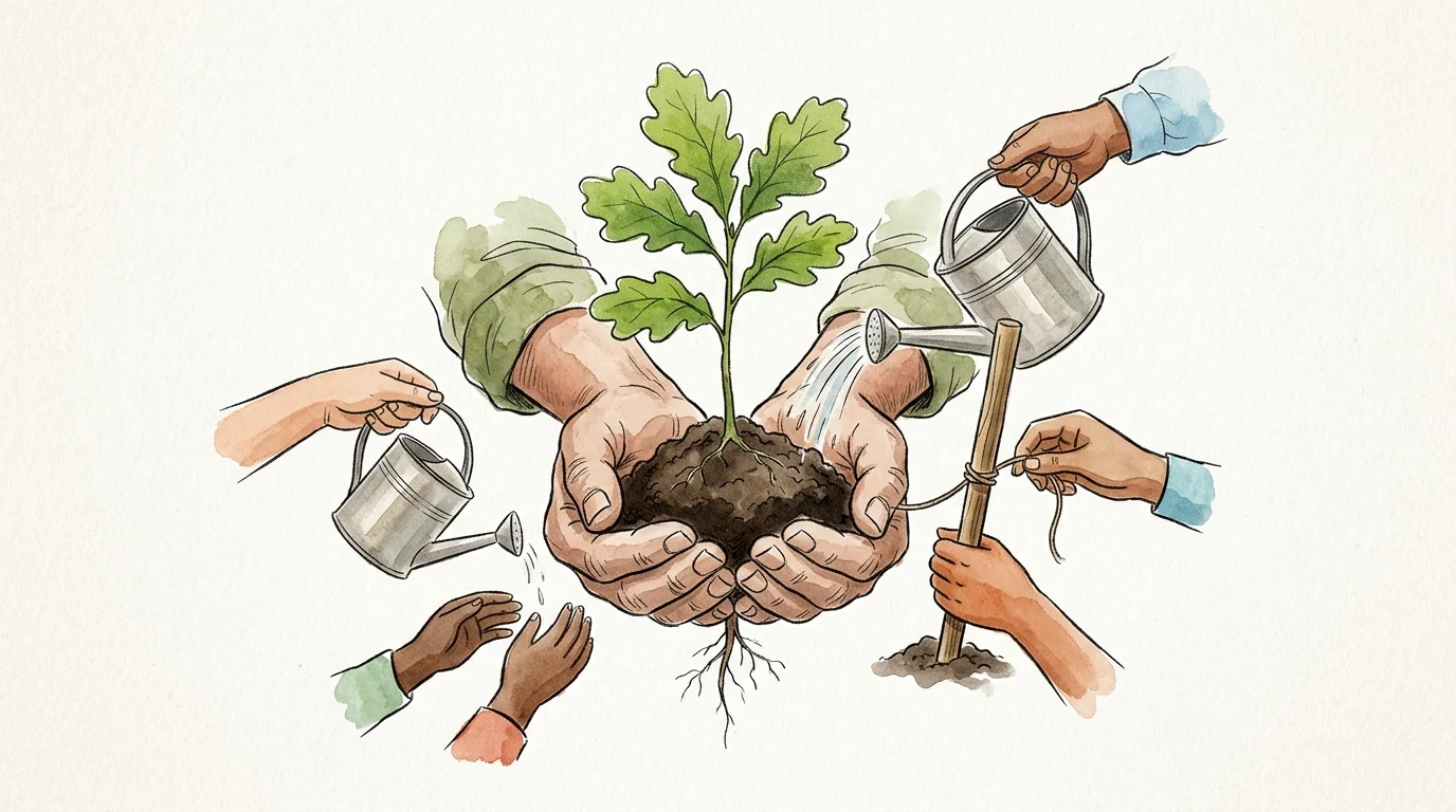 Watercolor illustration of hands of different generations working together to plant and nurture a young green oak sapling.