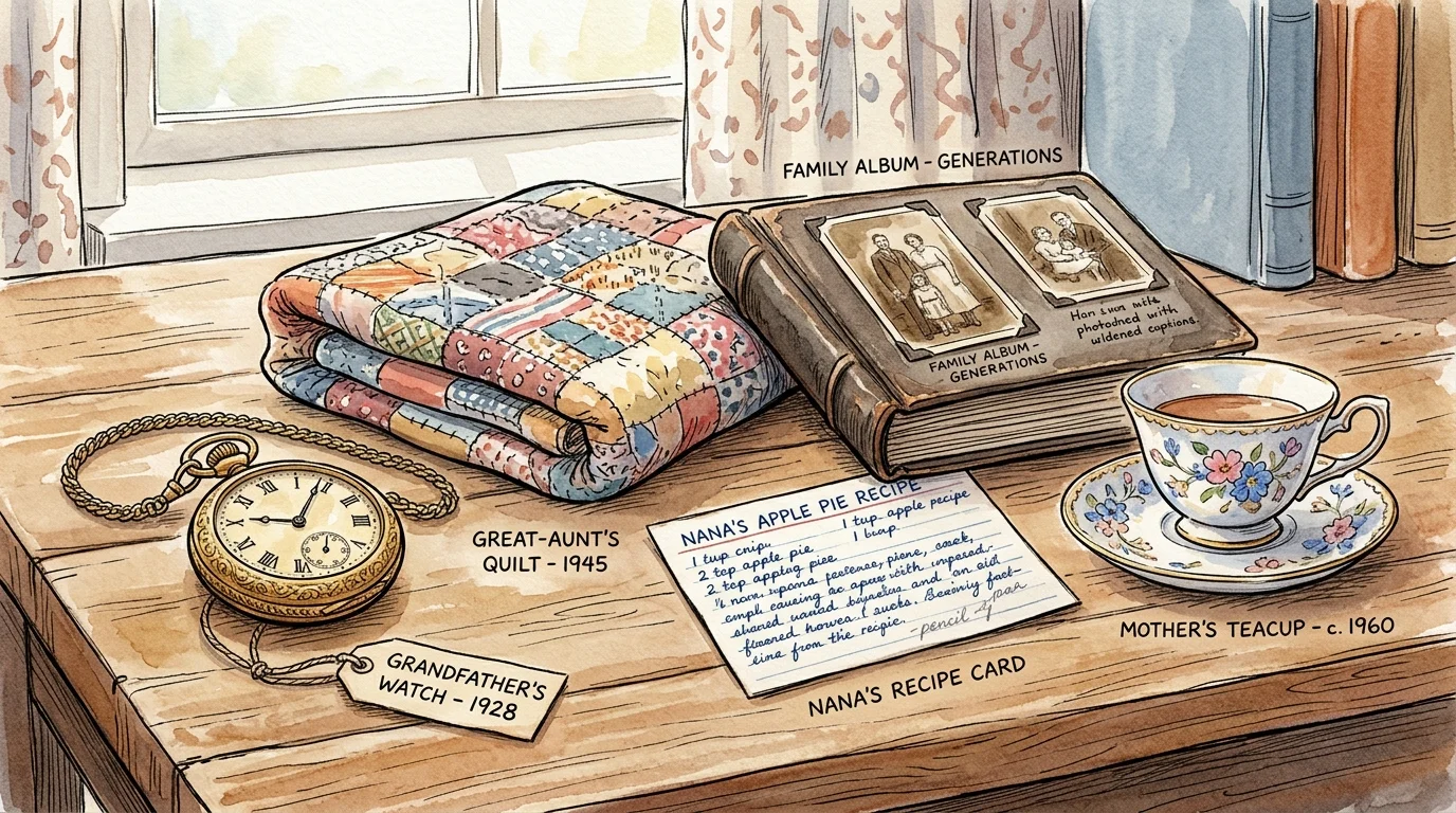 Illustration of labeled family heirlooms on a wooden table, including a quilt, photo album, pocket watch, and teacup.