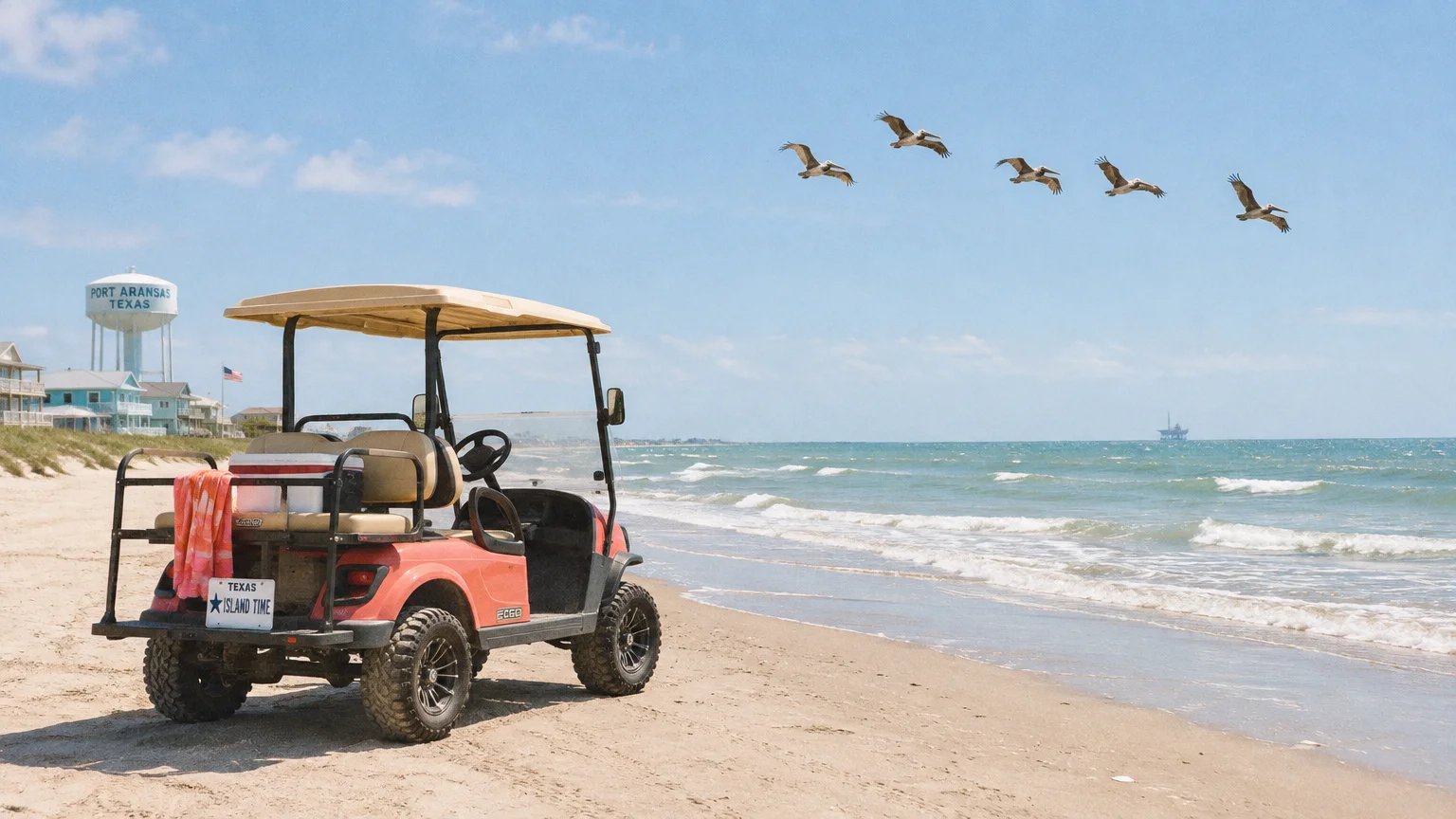 A golf cart parked on a sandy beach near the ocean with pelicans flying overhead and a water tower in the distance.