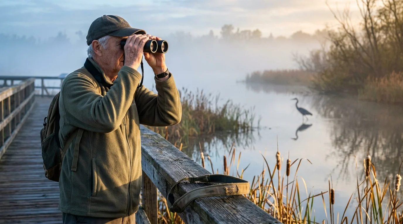 Older man with binoculars stands on a wooden boardwalk looking out over a foggy wetland with a wading heron.