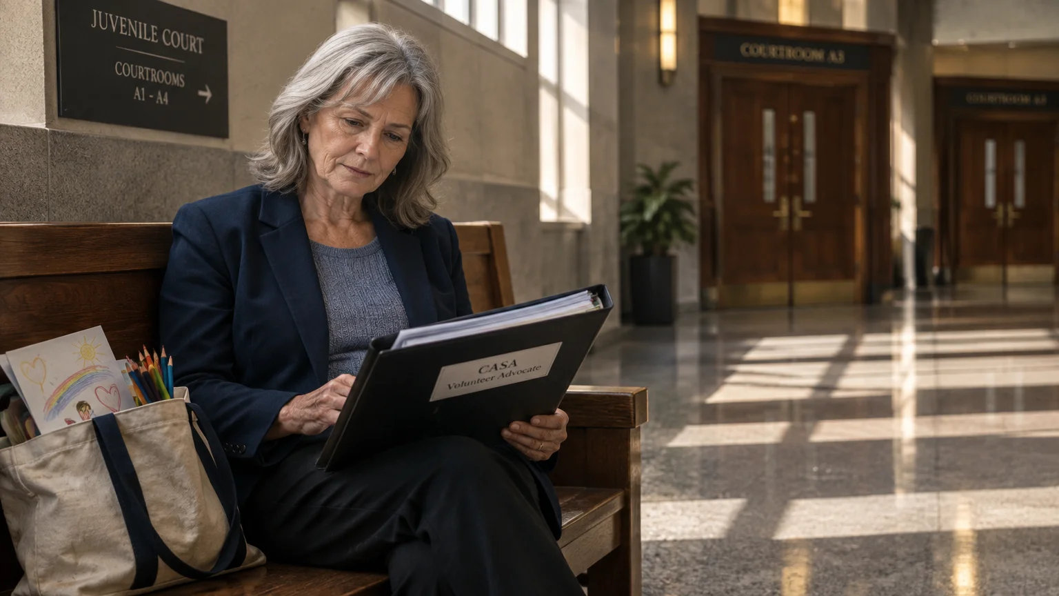 Woman sitting on a courthouse bench reviewing a black CASA Volunteer Advocate binder beside a bag of children's drawings.