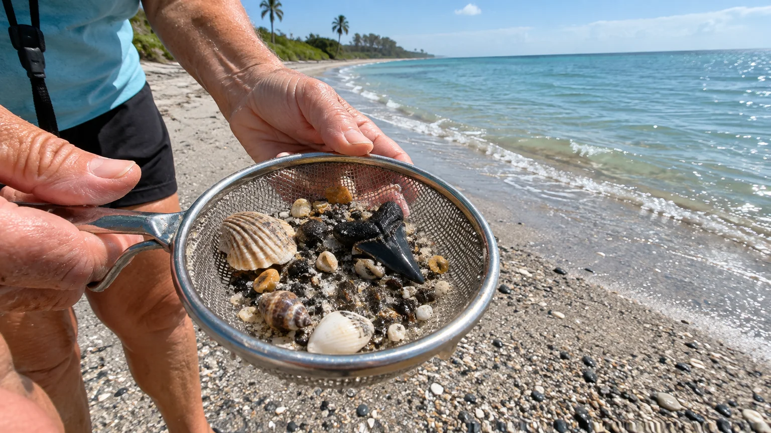 Person holding a mesh sifter filled with shells, pebbles, and a fossilized black shark tooth on a sunny beach.