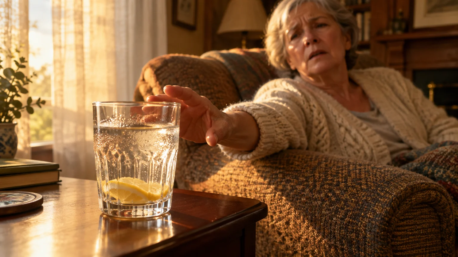 An older woman sits in an armchair, reaching out toward a glass of water with lemon slices on a side table.