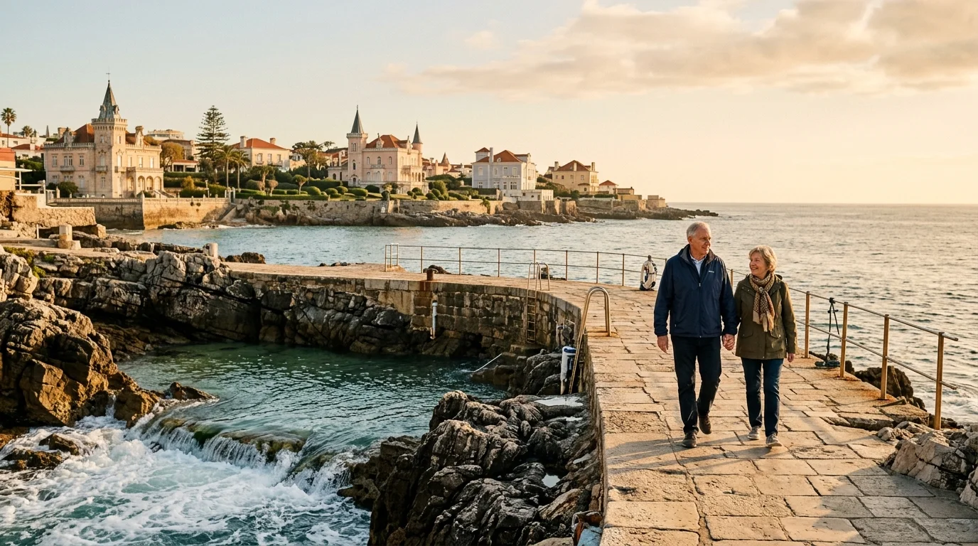 Senior couple holding hands while walking along a stone pier in Cascais, Portugal with coastal villas in the background.