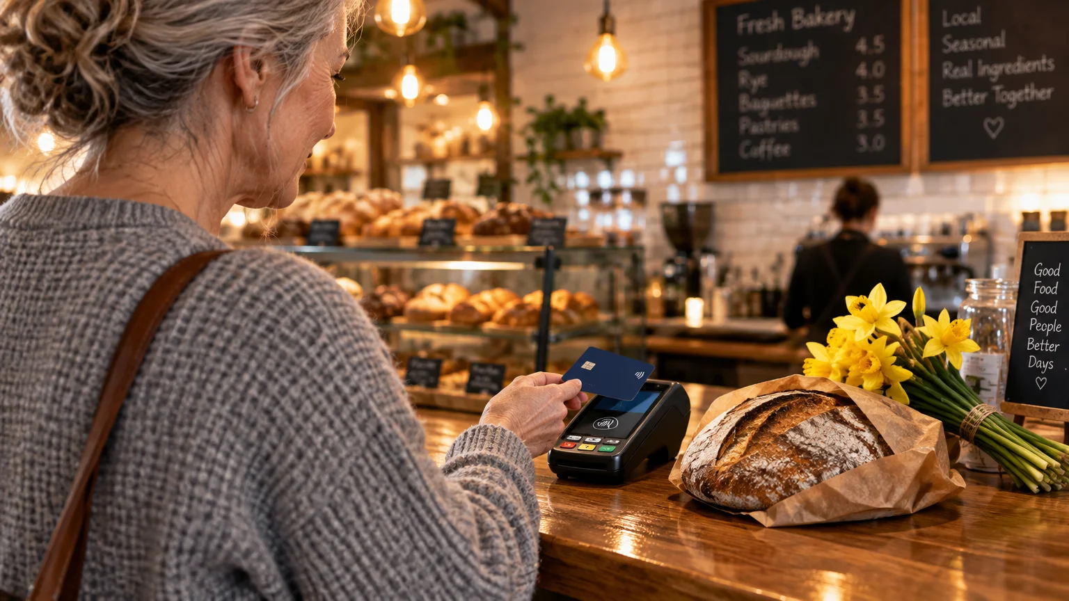 A woman paying with a contactless card at a bakery counter beside fresh bread and yellow flowers.