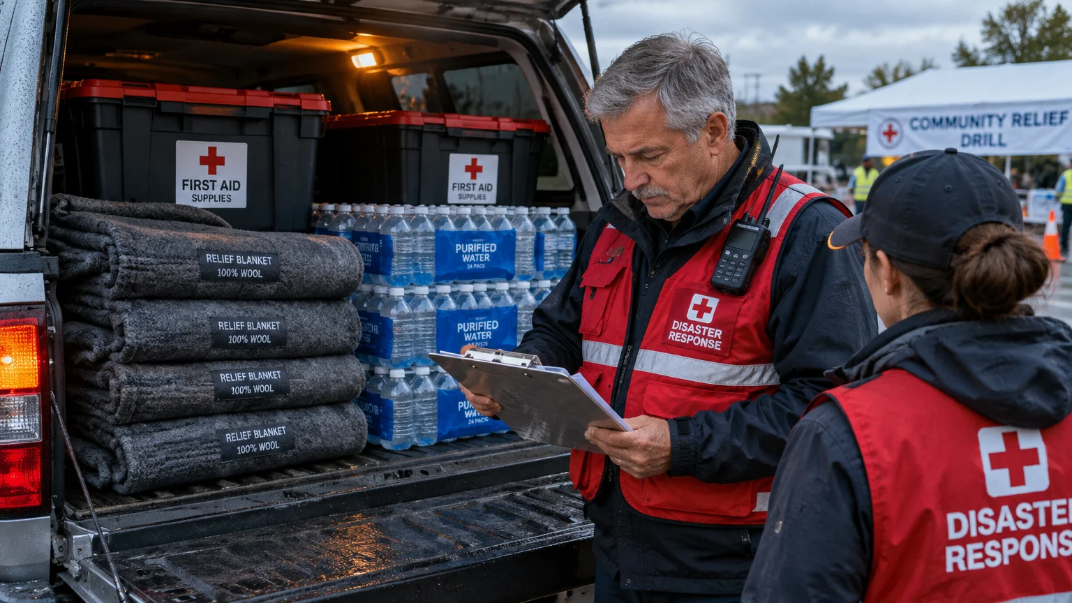 Two disaster response workers check supplies including water, blankets, and first aid bins in the back of a truck.
