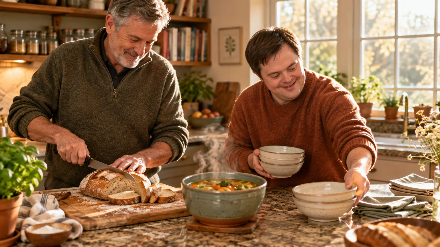 A man slices bread while a younger man with Down syndrome sets ceramic bowls beside a steaming pot of soup in a warm kitchen.