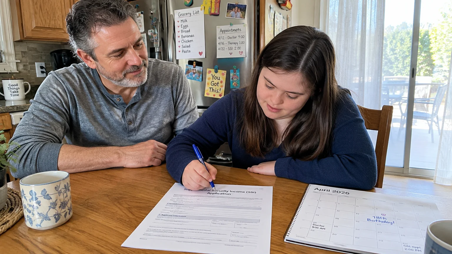 A father watches his teenage daughter with Down syndrome fill out an SSI application beside an April 2026 calendar.