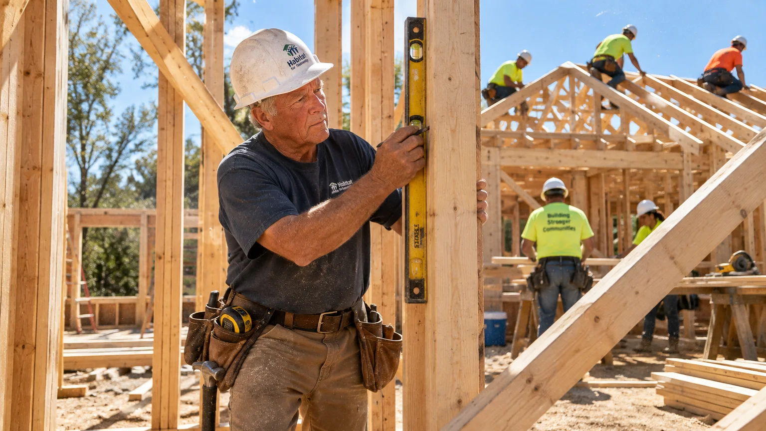 Older man in a hard hat checks a wooden frame with a spirit level while volunteers work on a house framing.