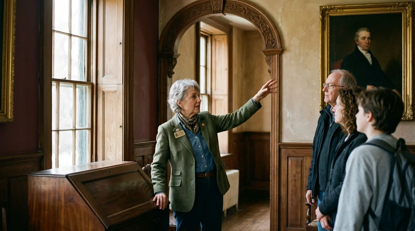 A female docent in a green blazer gestures toward a historic room while leading a tour for three visitors.