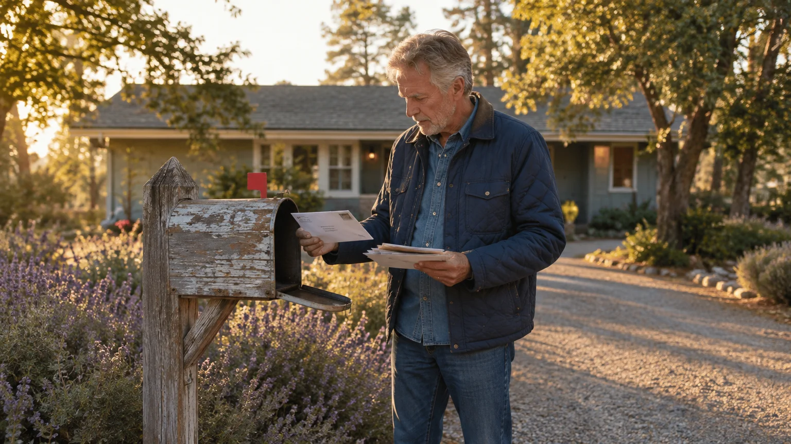 Older man with gray hair standing by a rustic mailbox along a driveway, reading delivered mail outside a suburban home.