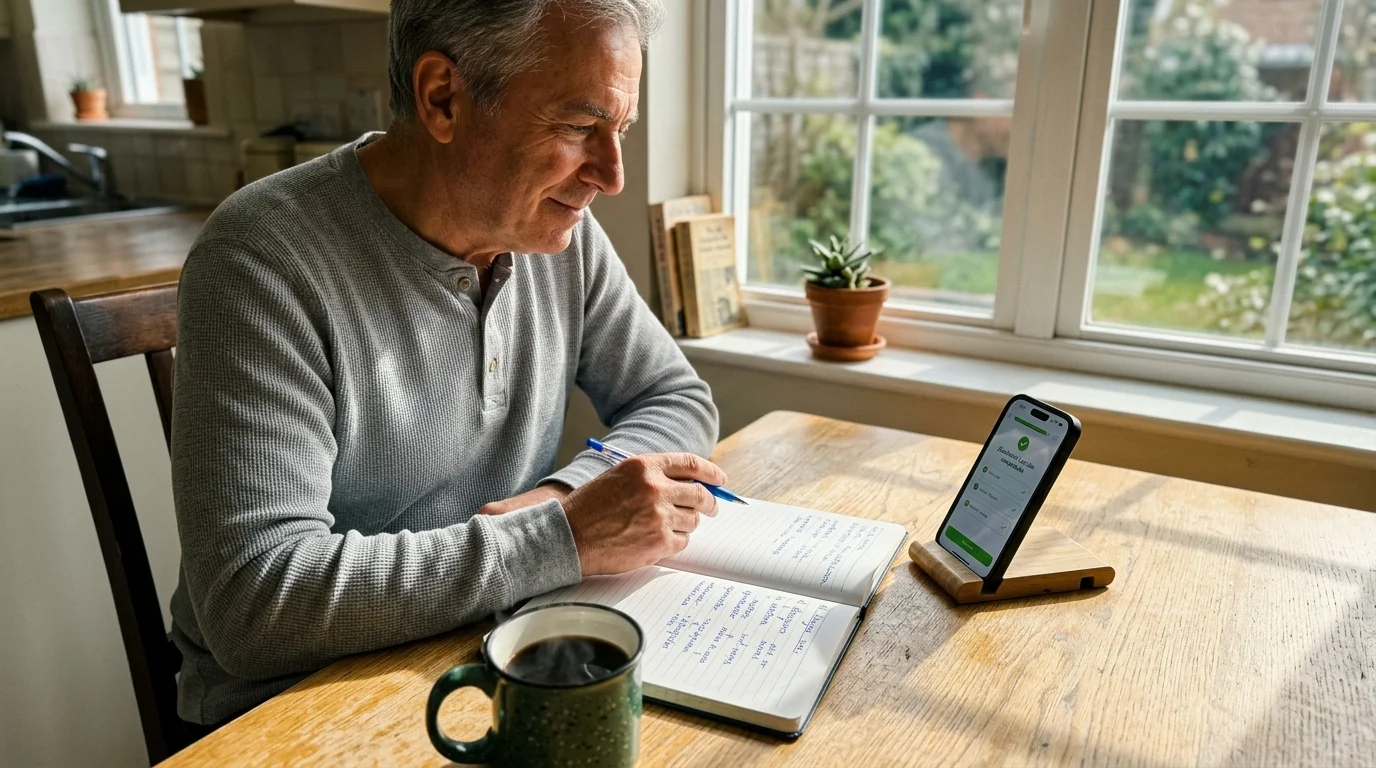 A man sits at a wooden table writing in a notebook next to a smartphone propped in a stand and a steaming coffee mug.