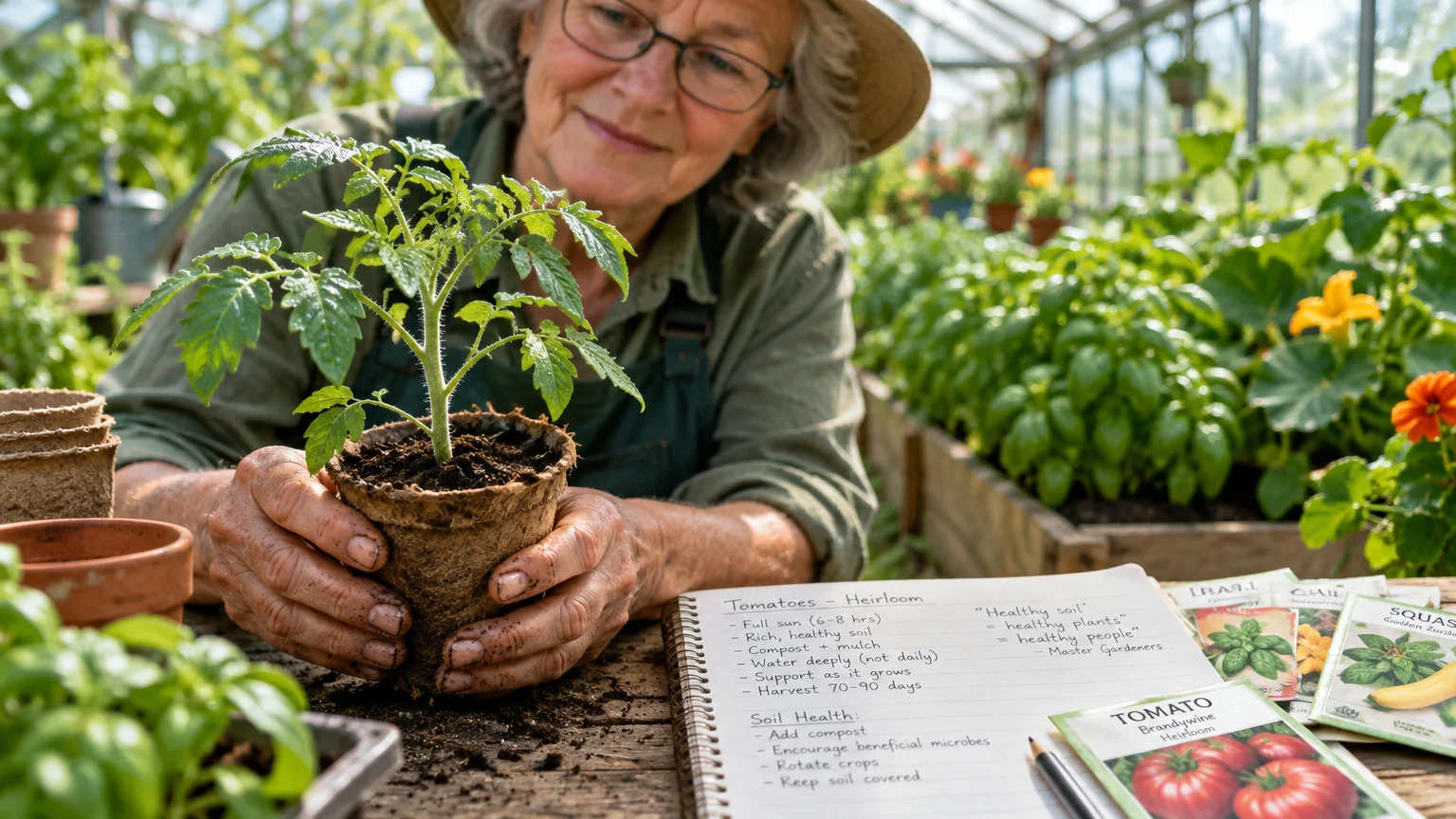 Senior woman holding a potted tomato seedling at a greenhouse potting bench beside a notebook and seed packets.