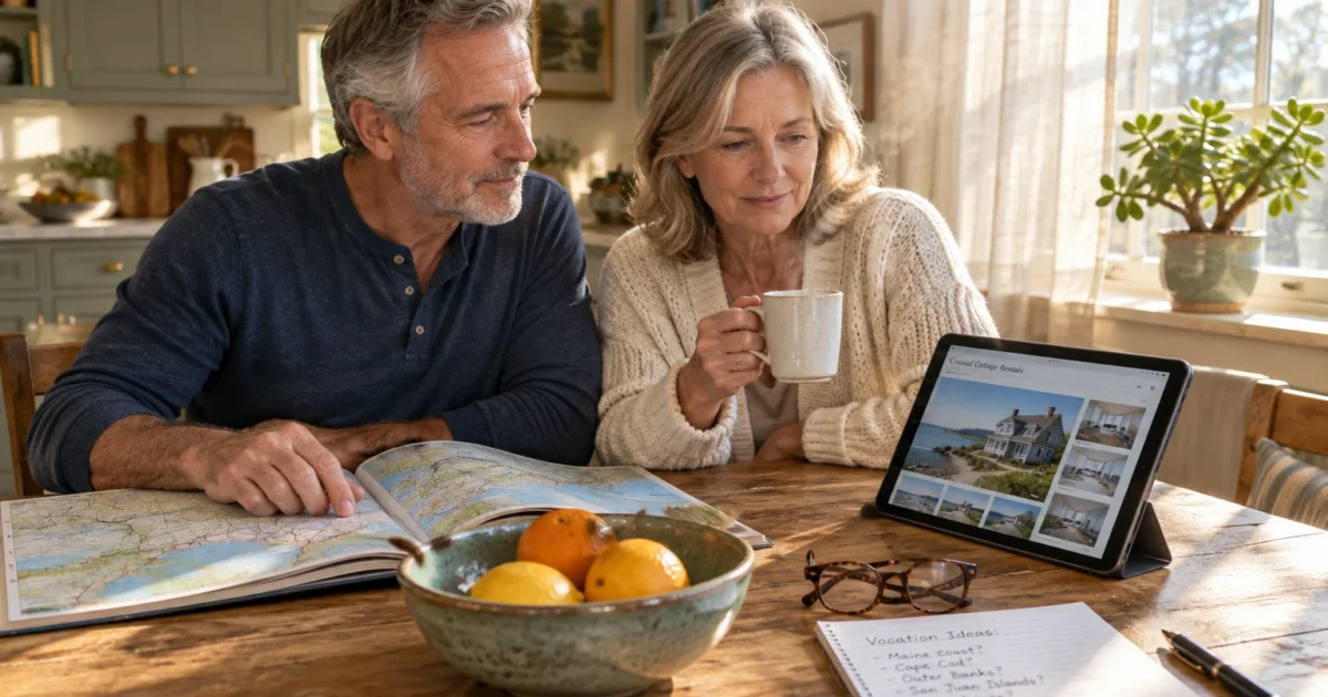 Mature couple sitting at a wooden kitchen table reviewing a travel map and vacation rentals on a tablet.
