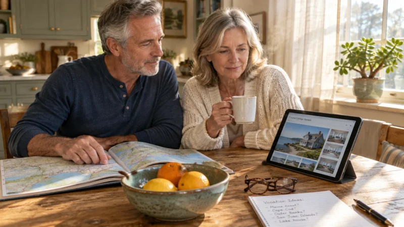 Mature couple sitting at a wooden kitchen table reviewing a travel map and vacation rentals on a tablet.