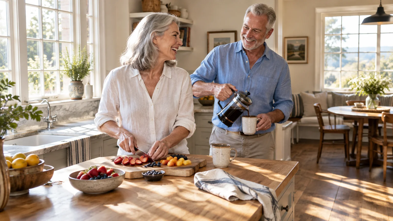 Smiling older couple preparing breakfast in a sunlit kitchen, slicing fresh fruit and pouring coffee from a French press.