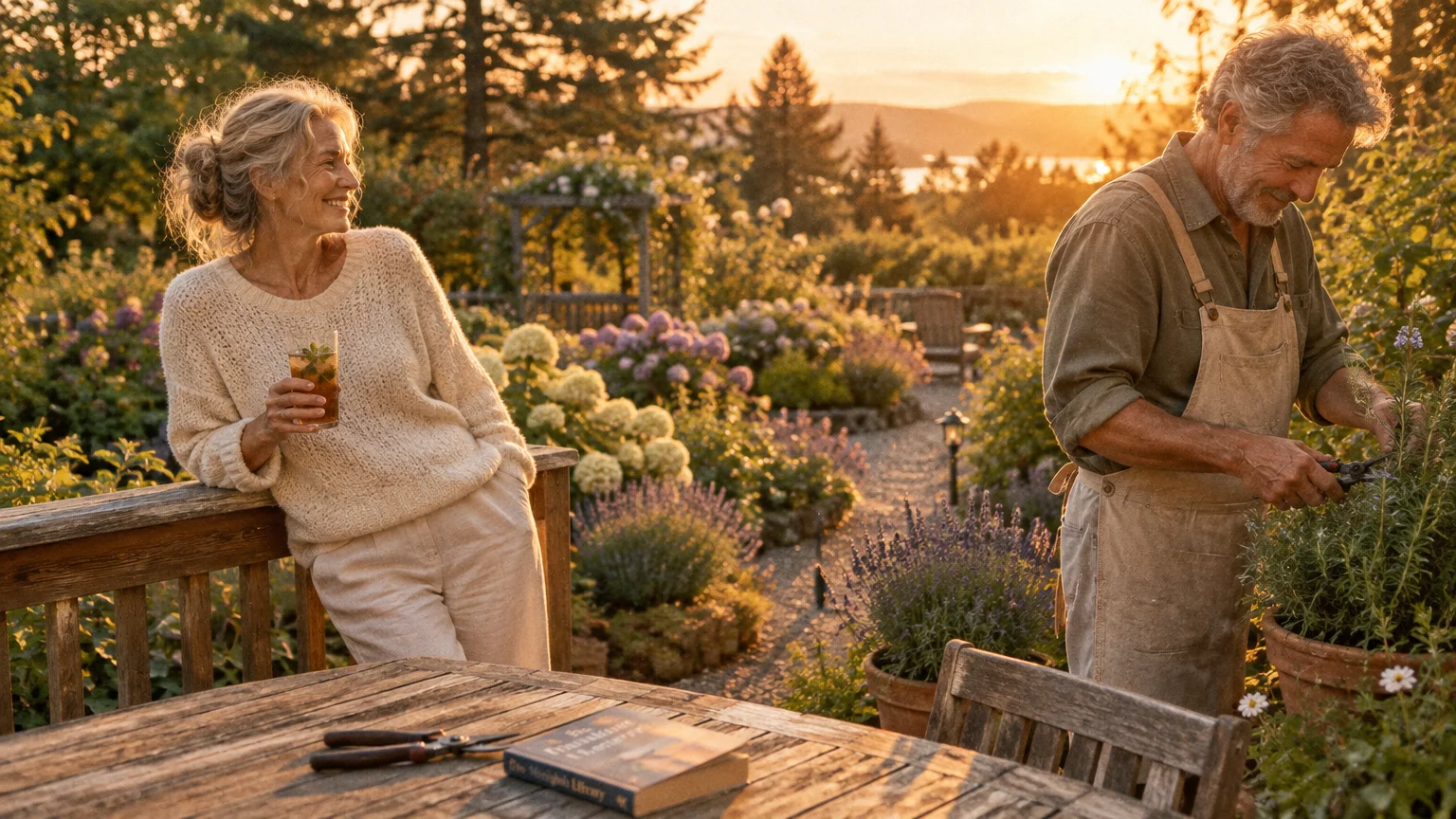 Older couple enjoying a lush garden at sunset while the man tends plants in an apron and the woman drinks iced tea.