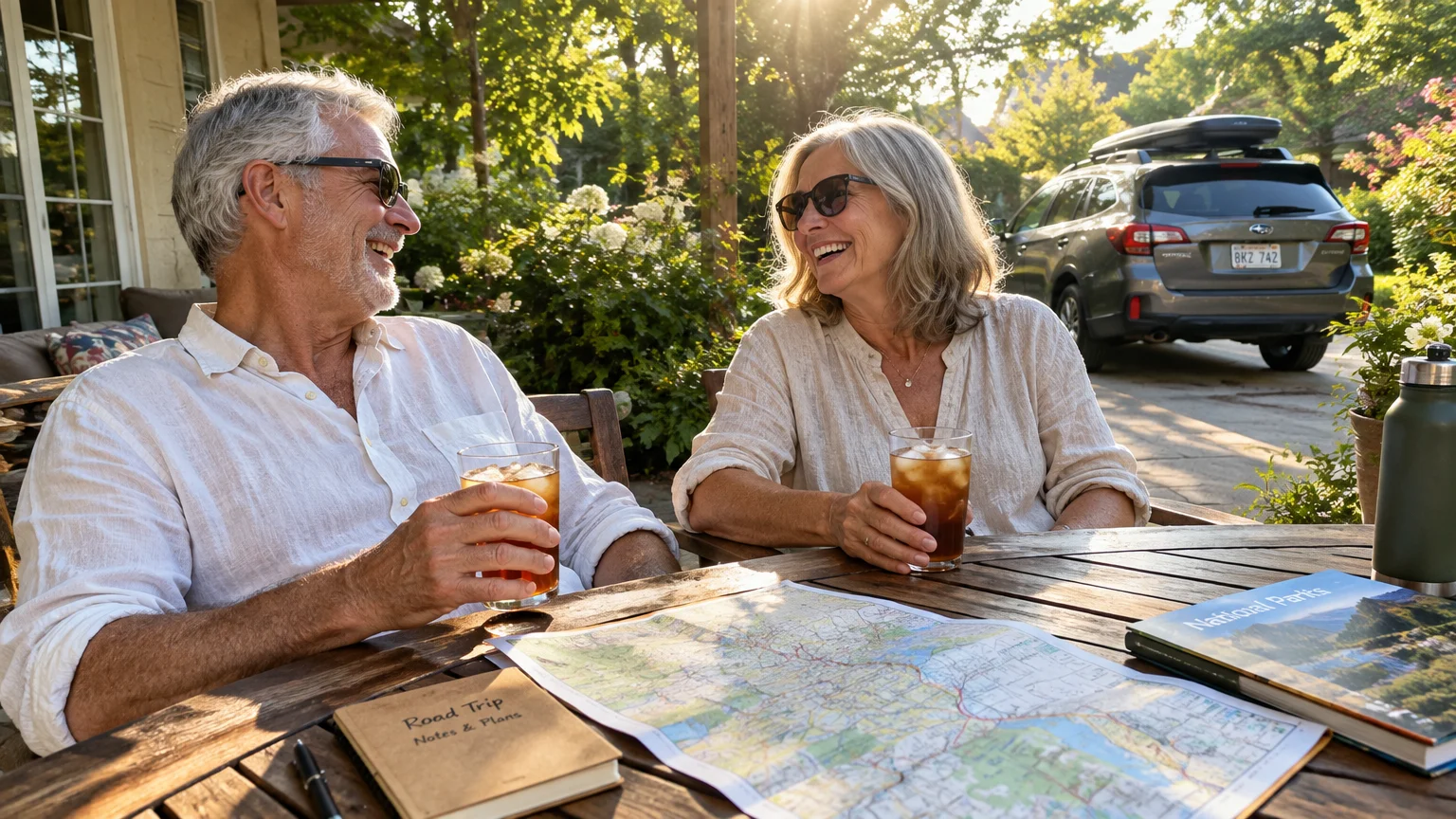 Older couple smiling at a patio table with iced drinks, a road map, and an SUV parked in the driveway.