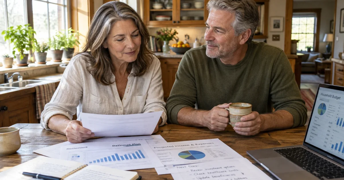 A mature couple sits at a kitchen table reviewing retirement planning documents, budget charts, and an open laptop.