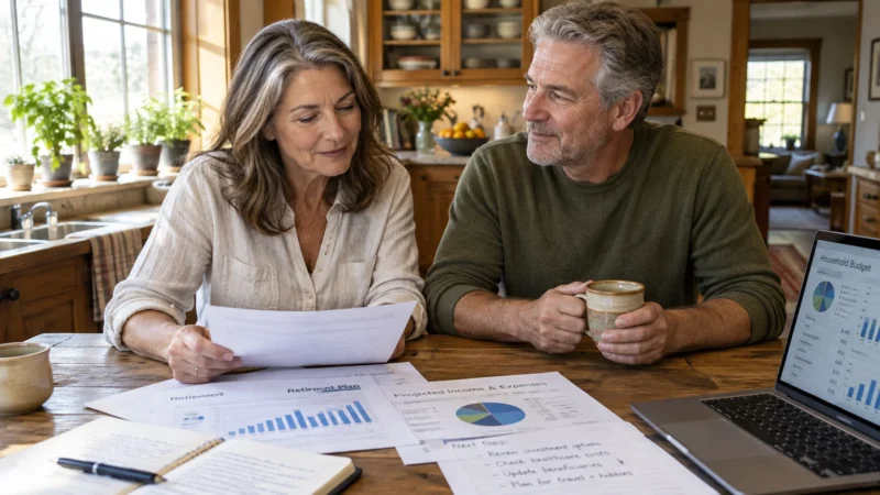A mature couple sits at a kitchen table reviewing retirement planning documents, budget charts, and an open laptop.