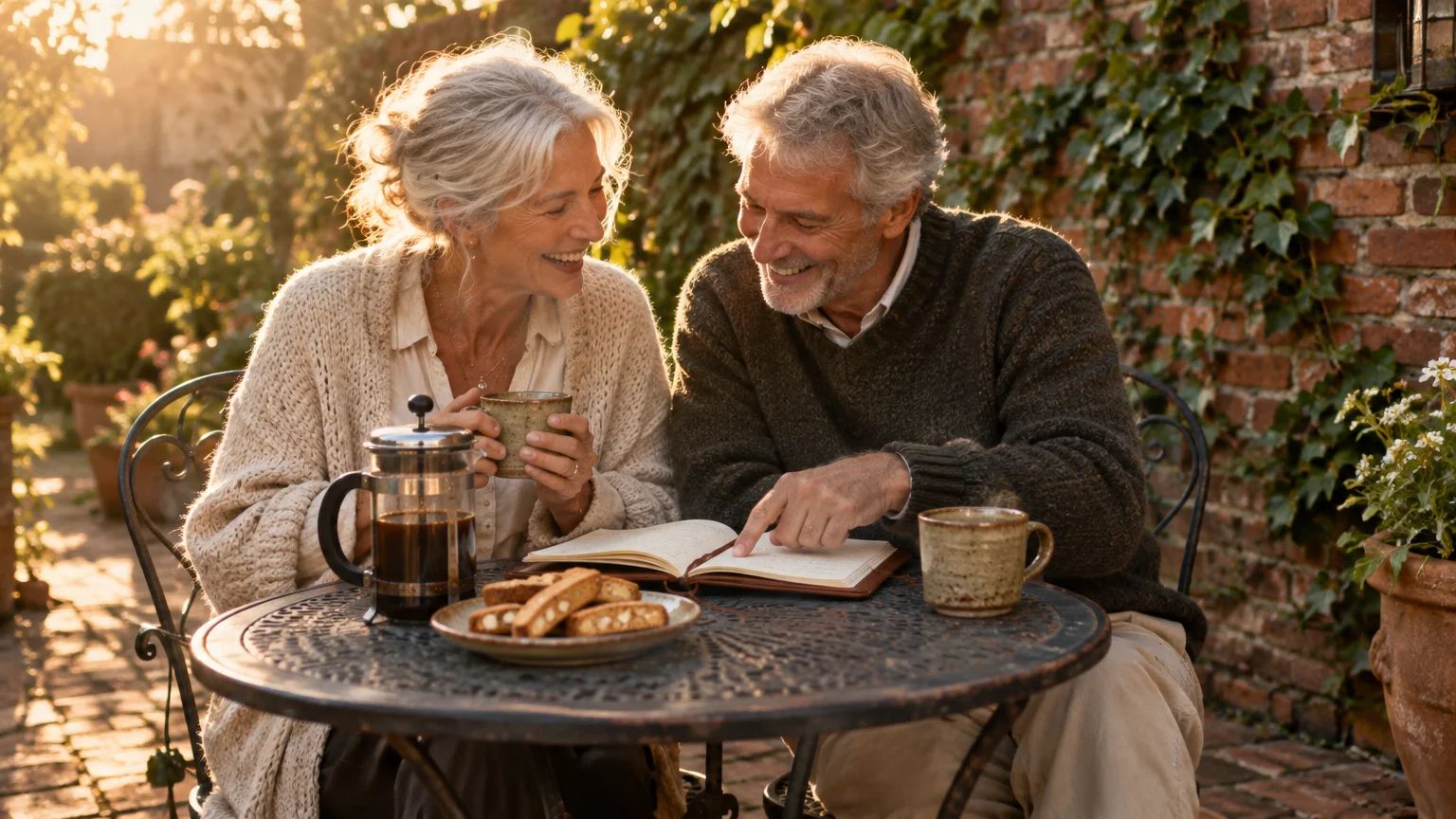 Older couple smiling together at an outdoor patio table with a notebook, French press coffee, mugs, and biscotti.