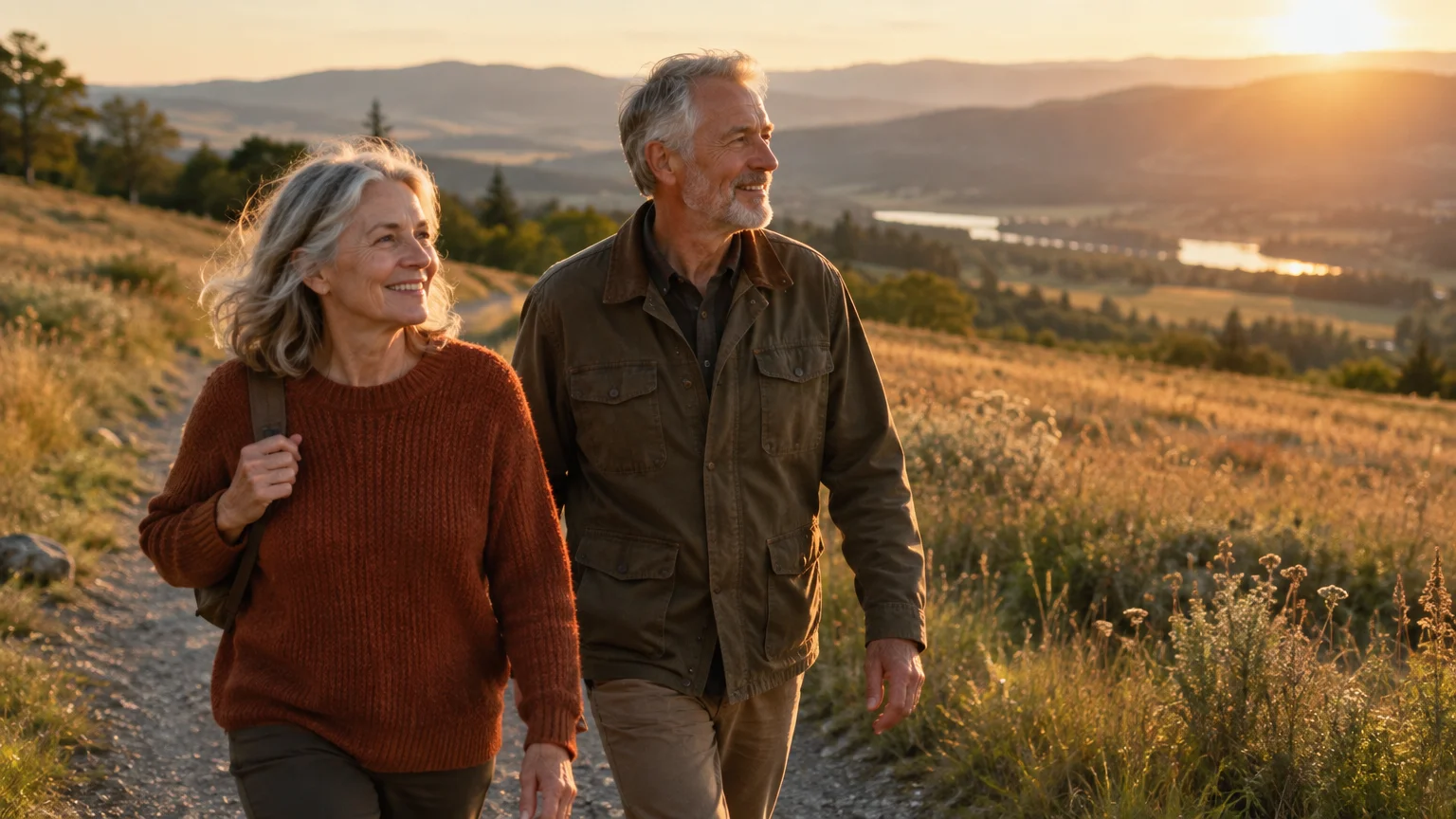 Smiling older couple walking along a dirt trail through golden grassy hills at sunset with a river valley below.