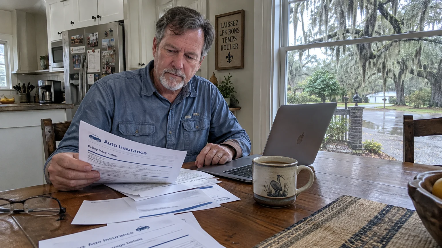 A mature man sitting at a wooden table with a laptop, looking closely at printed auto insurance policy documents.