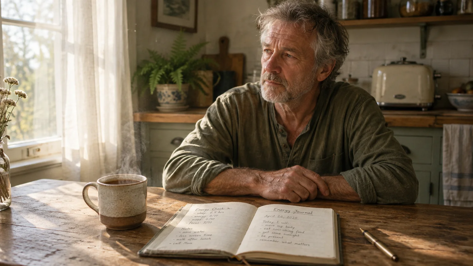 A thoughtful older man sits at a kitchen table beside an open energy journal and a steaming mug of coffee.