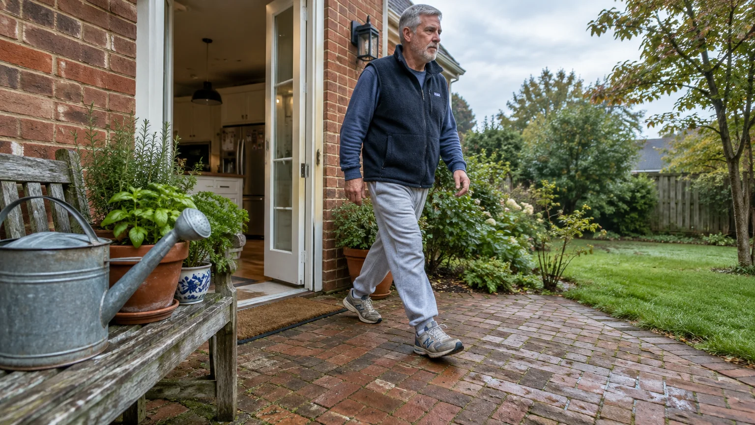 An older man in a fleece vest and sweatpants walks across a brick patio into a backyard garden.