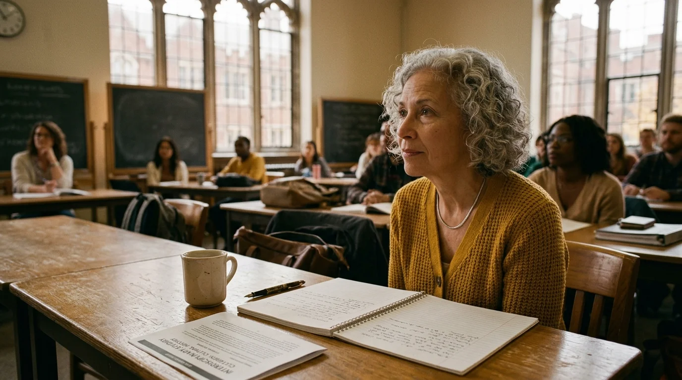An older woman with gray hair sits at a wooden desk in a college classroom with a notebook, pen, and coffee mug.