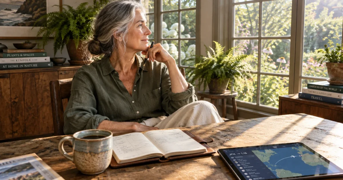 Mature woman sitting at a sunlit wooden desk by a window with an open notebook, tablet, and coffee mug.