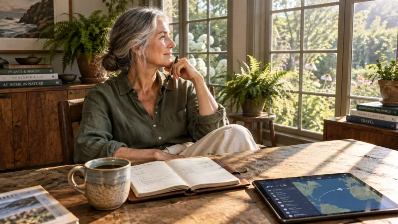Mature woman sitting at a sunlit wooden desk by a window with an open notebook, tablet, and coffee mug.