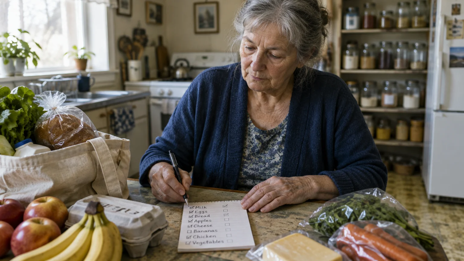 An older woman sits at a kitchen table checking items off a grocery list next to bags of food, produce, and eggs.