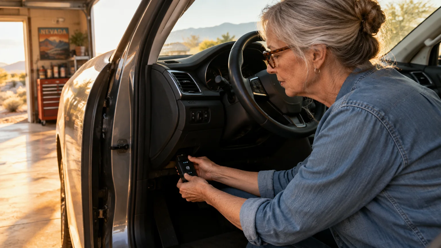 Older woman crouching beside an open car door plugging an electronic device under the vehicle dashboard in a garage.