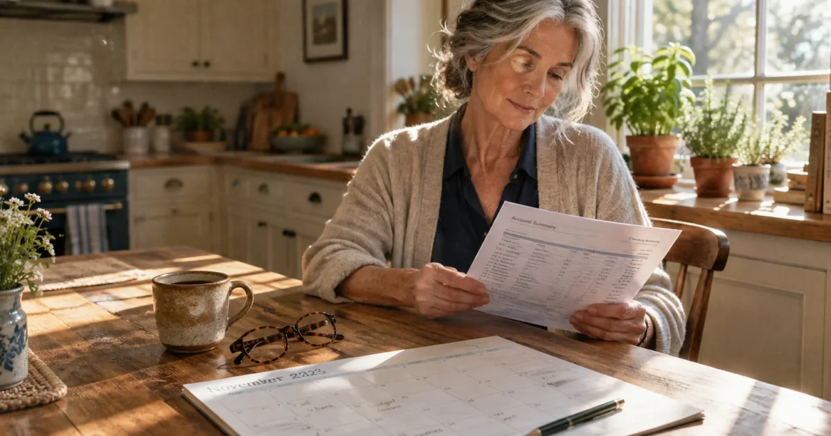 A senior woman sits at a wooden kitchen table reviewing an account summary document beside a calendar and eyeglasses.