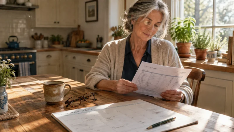 A senior woman sits at a wooden kitchen table reviewing an account summary document beside a calendar and eyeglasses.