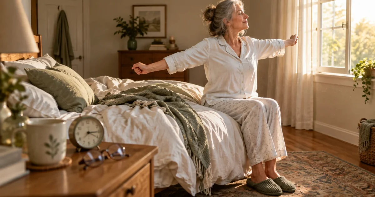Older woman in pajamas sitting on the edge of an unmade bed, stretching her arms toward a sunny bedroom window.