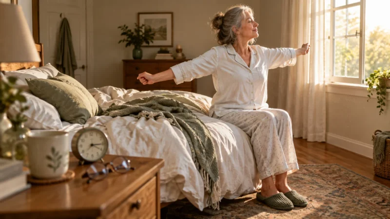 Older woman in pajamas sitting on the edge of an unmade bed, stretching her arms toward a sunny bedroom window.