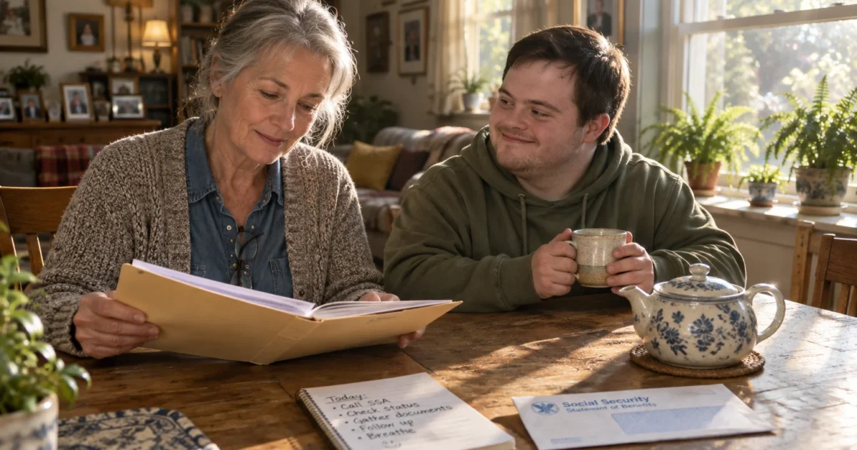 An older woman reviews a folder at a wooden table beside a smiling young man with Down syndrome holding a mug.