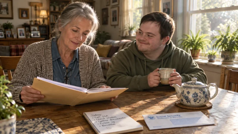An older woman reviews a folder at a wooden table beside a smiling young man with Down syndrome holding a mug.