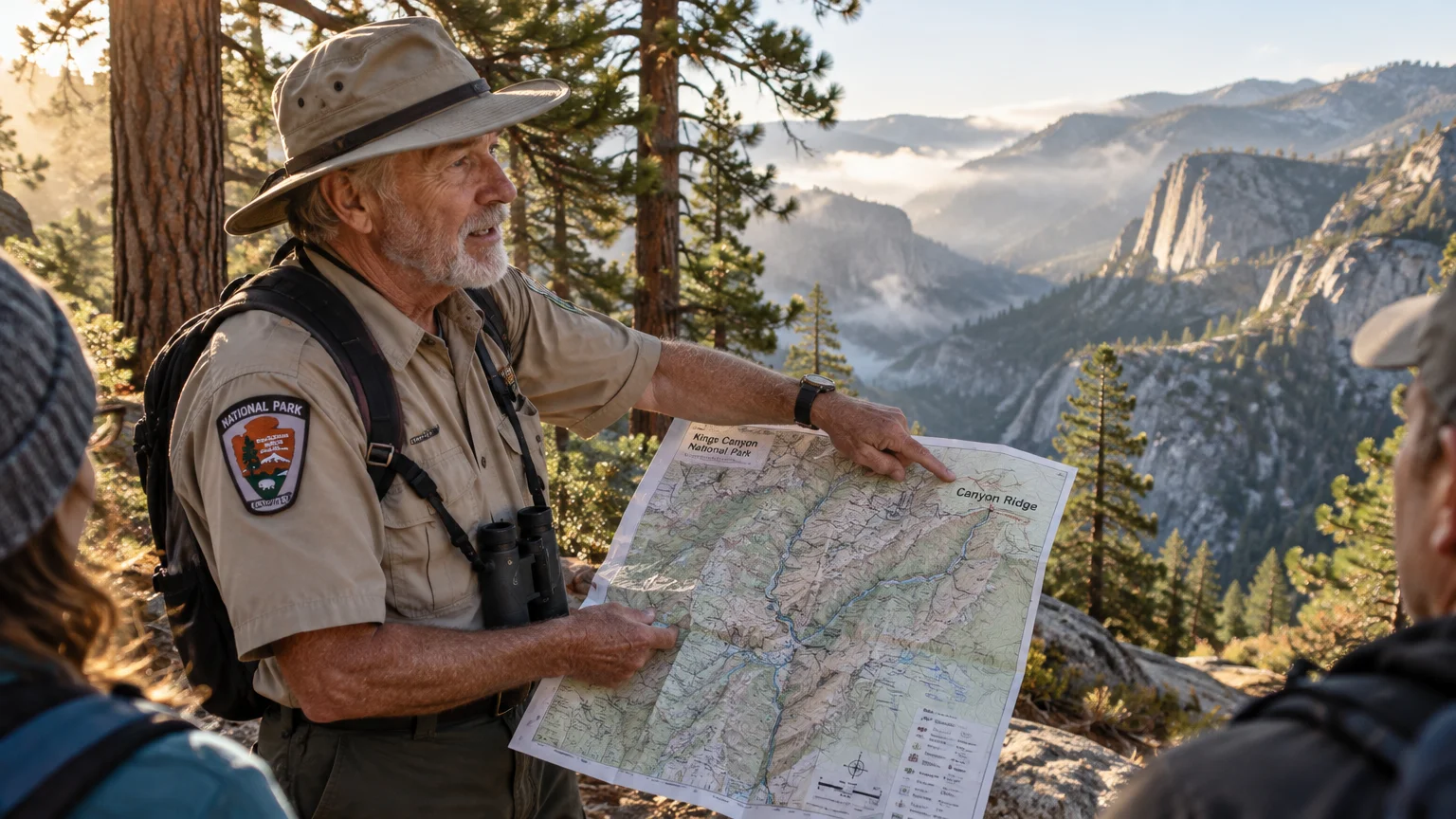 A park ranger in uniform and hat points out a trail on an open topographical map to hikers overlooking mountain peaks.