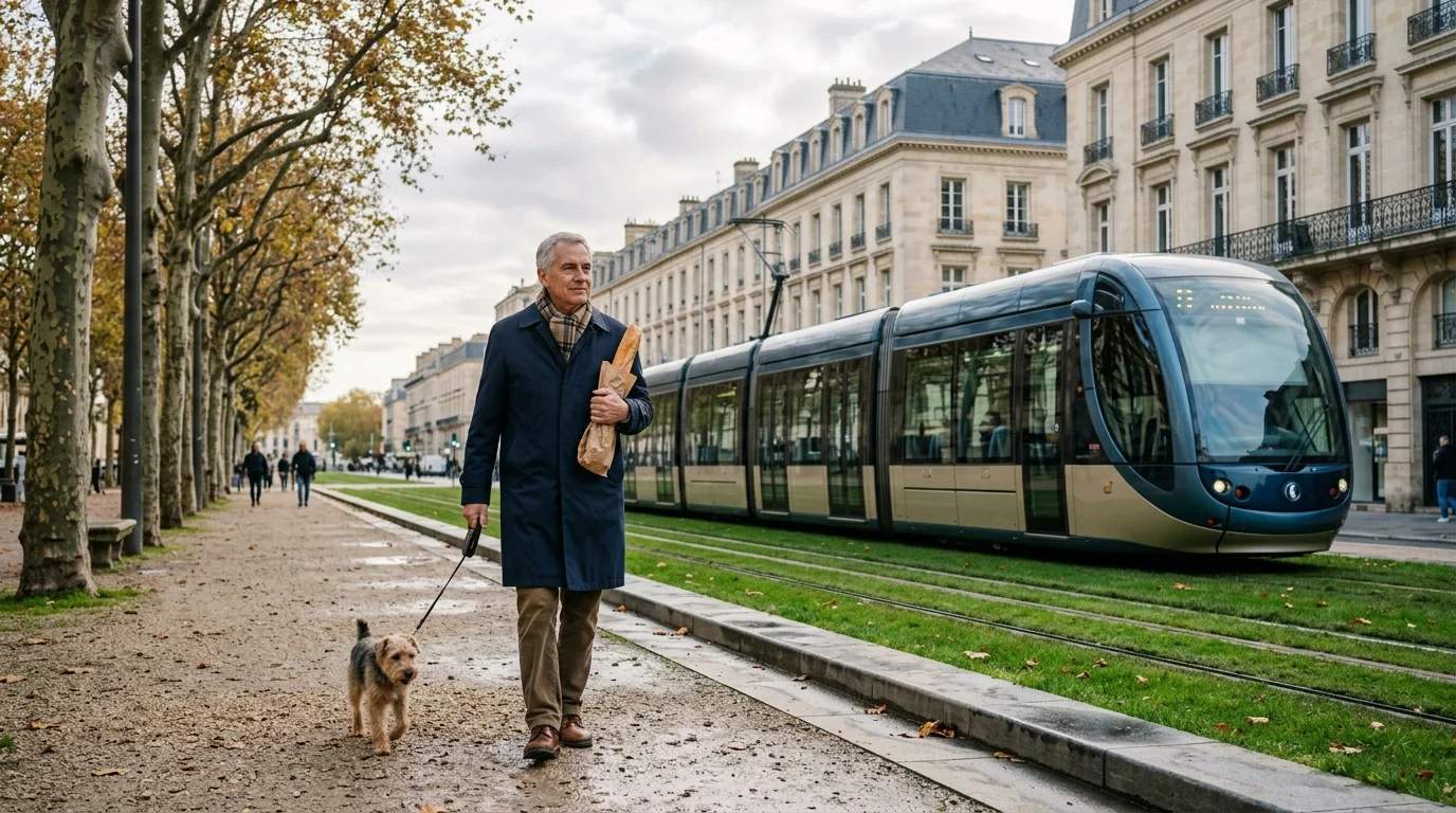 A man walks a dog and carries a baguette beside a modern light-rail tram running along a European boulevard.