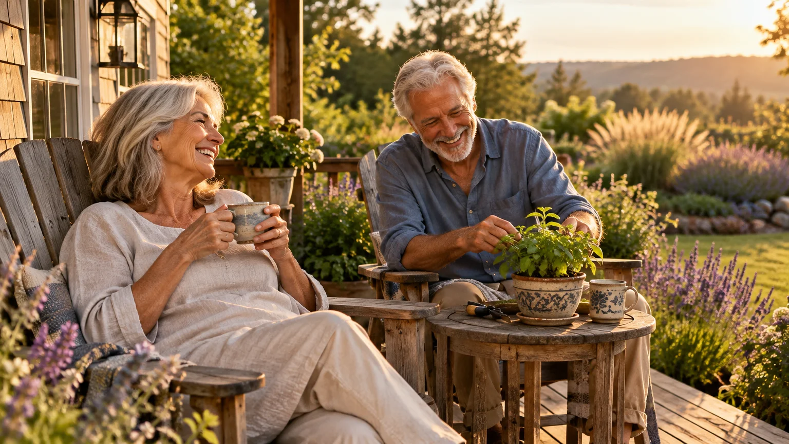 Senior man and woman smiling and relaxing on a rustic wooden porch with drinks and a potted plant at sunset.