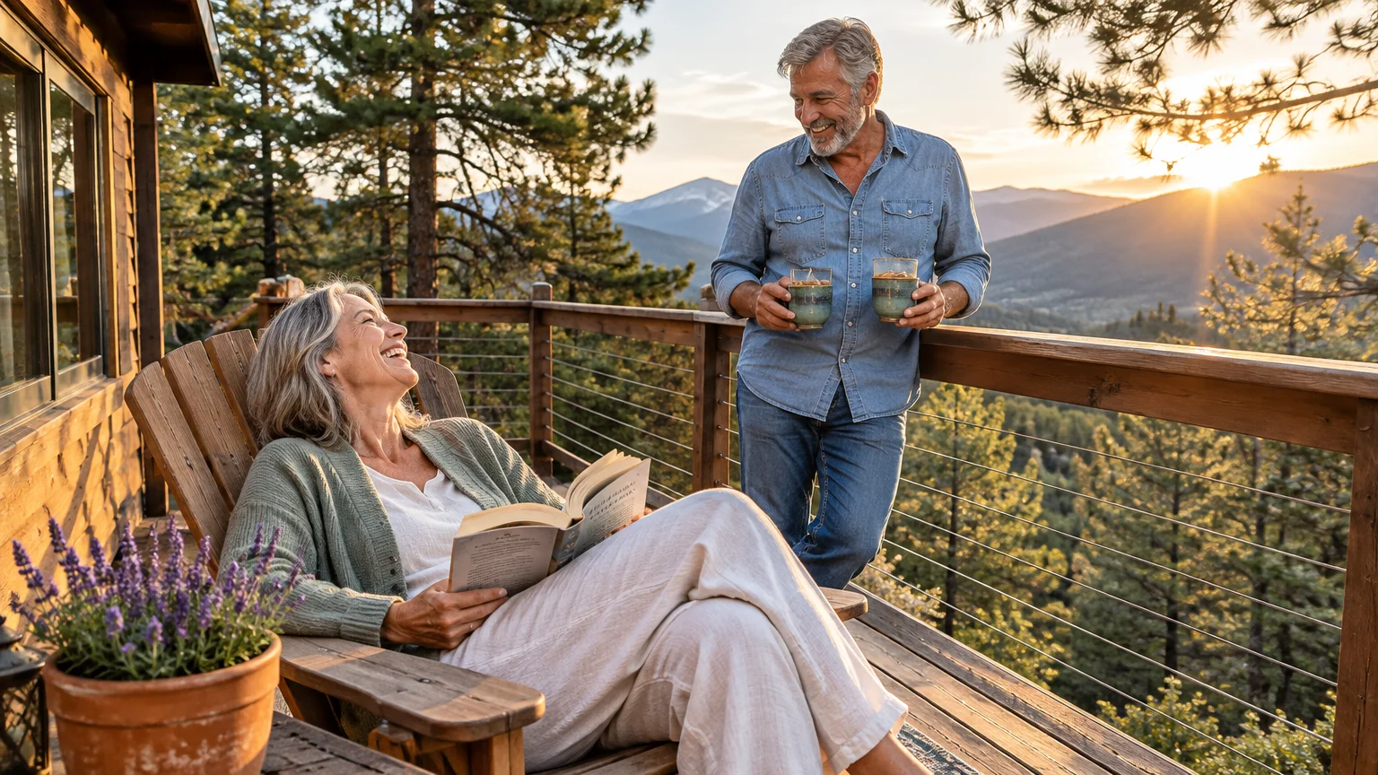 Senior couple smiling and relaxing on a wooden balcony overlooking a mountainous forest at sunset.