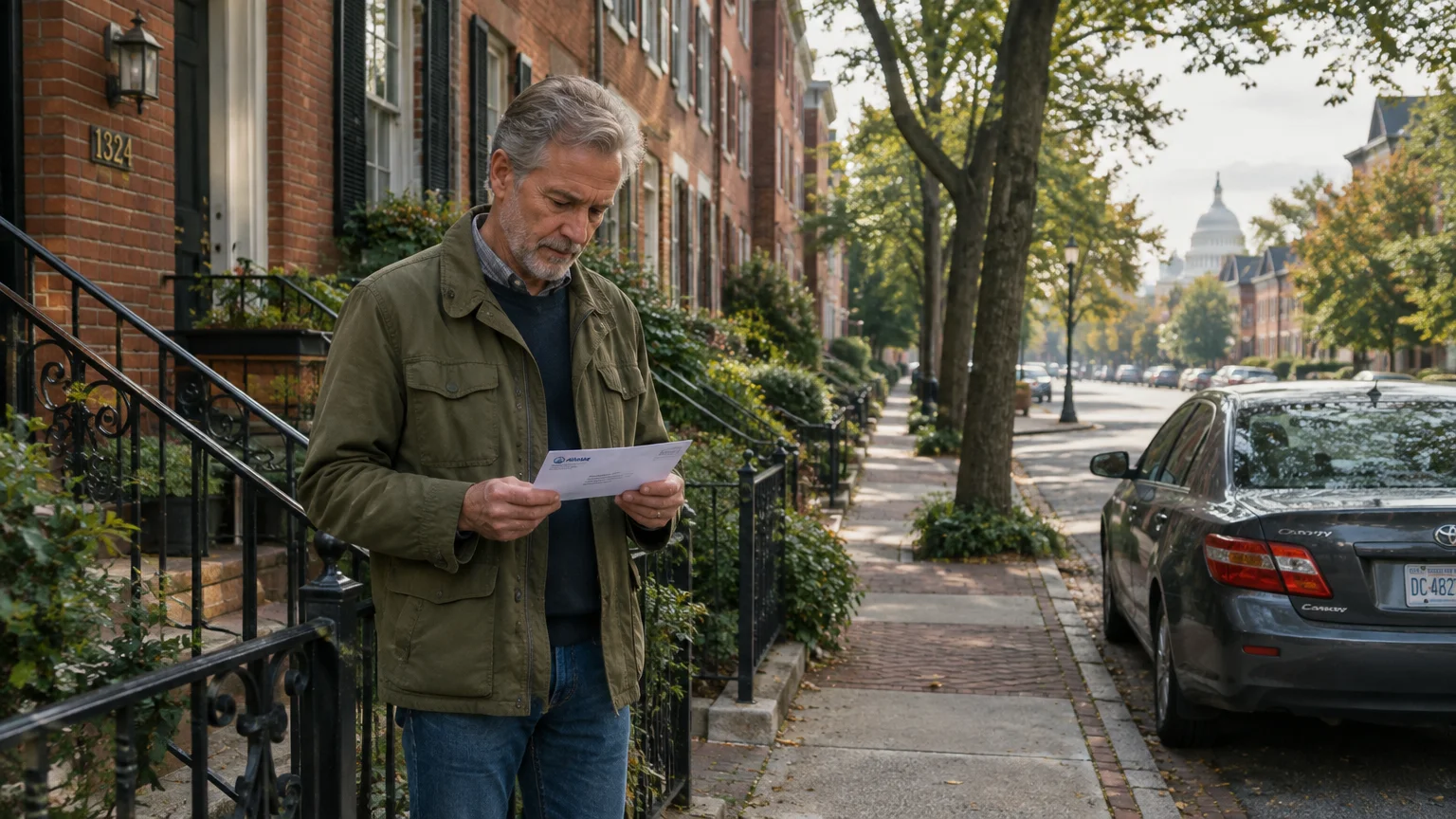 A mature man in a green jacket reads mail on a brick sidewalk lined with rowhouses and parked cars.