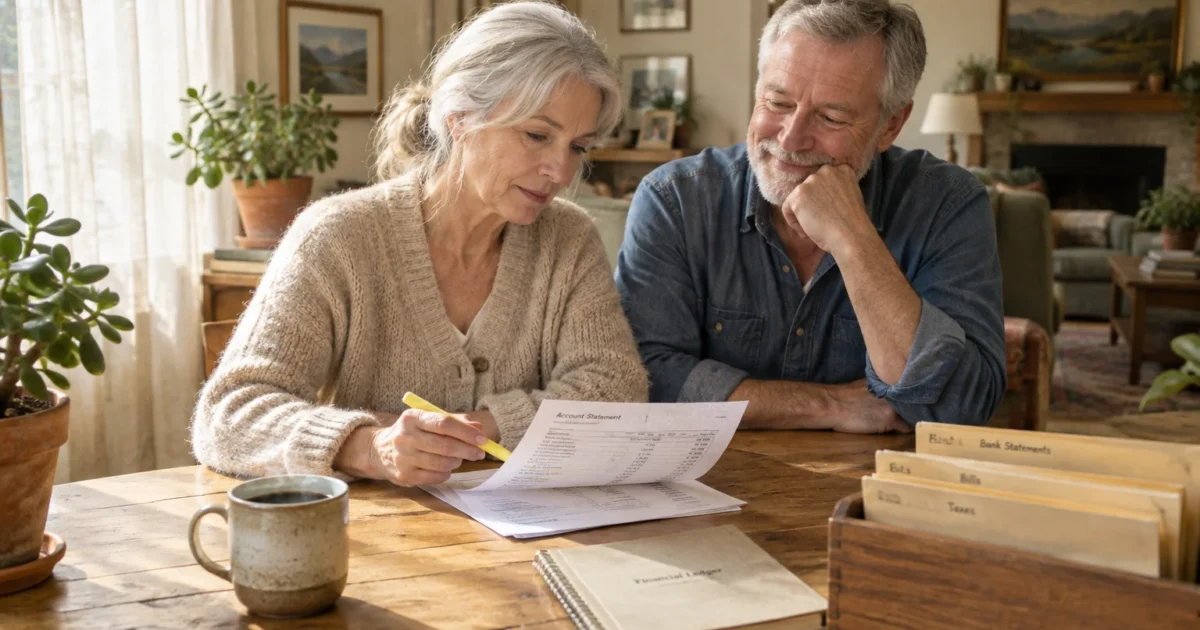 Senior couple sitting at a wooden table reviewing an account statement with a highlighter and organized document folders.